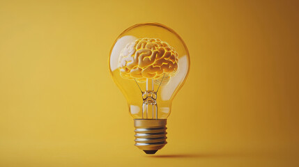Creative concept of a light bulb with a brain inside on a yellow background. The image symbolizes innovation and the power of ideas.