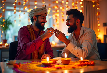 Warm Diwali wishes at the office workplace! Colleagues savor Indian sweets surrounded by rangoli, marigold flowers, and glowing diyas, embodying the spirit of togetherness.