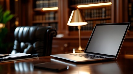 Open laptop with blank screen on a desk with leather chair, lamp, and bookshelves in the background.