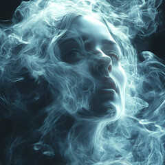 In this surreal and haunting image, a figure stands in wide-eyed shock as ghostly hands reach toward them from swirling mist. The ethereal, glowing atmosphere creates a chilling sense of the unknown, 