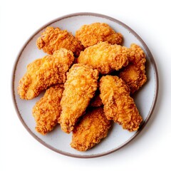 A plate of fried chicken tenders, food element, top view, crunchy and golden, isolated on white background