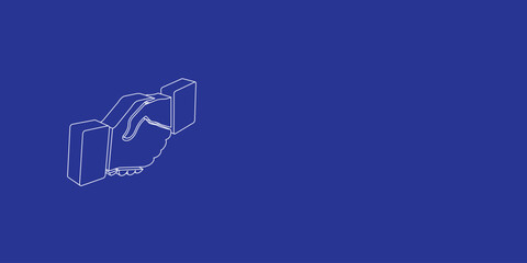 The outline of a large handshake symbol made of white lines on the left. 3D view of the object in perspective. Vector illustration on indigo background