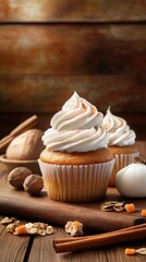 A collection of freshly baked pumpkin spice cupcakes topped with creamy swirls of frosting sits on a wooden platter, surrounded by autumn leaves, pumpkins, and spices.