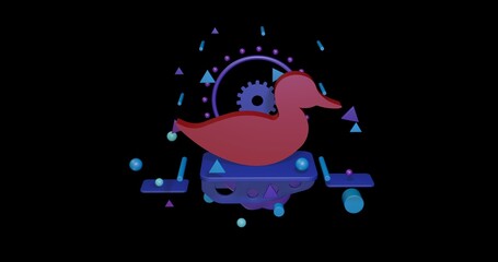 Red duck symbol on a pedestal of abstract geometric shapes floating in the air. Abstract concept art with flying shapes in the center. 3d illustration on black background