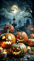 Halloween pumpkins glowing under full moon in cemetery at night