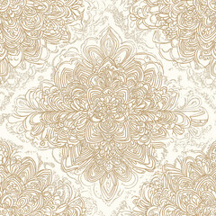 Fototapeta premium Intricate beige kaleidoscope Mandela style seamless pattern