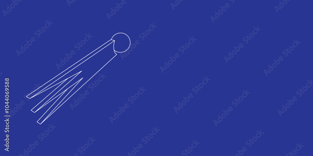Poster the outline of a large comet symbol made of white lines on the left. 3d view of the object in perspe