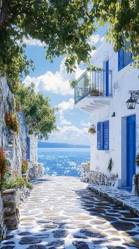 Fototapeta Beautiful greek island white houses blue sea majestic ocean view picture
