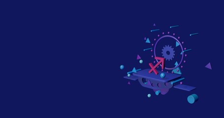 Naklejka premium Pink zodiac sagittarius symbol on a pedestal of abstract geometric shapes floating in the air. Abstract concept art with flying shapes on the right. 3d illustration on indigo background