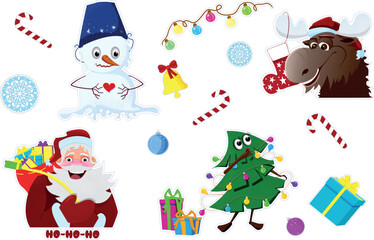 New Year set, with cute elements for design. Christmas tree, Santa, deer, snow globe, snowflake. For cards, banners, website, icons.