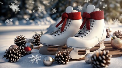White ice skates with red accents rest on a bench adorned with pine cones, set against a snowy forest backdrop illuminated by the warm glow of sunset.