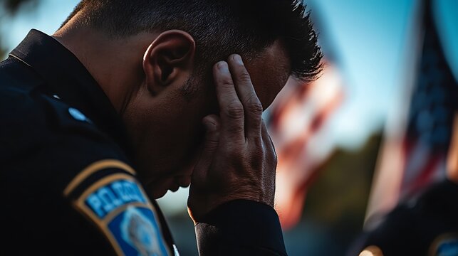A police officer bows his head in solemn reflection, a symbol of honor, service, and sacrifice.