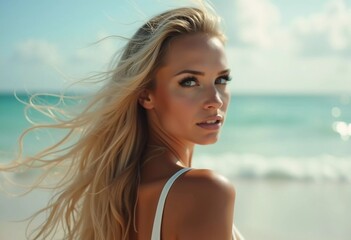 Naklejka premium A blond woman in a swimsuit gazes back while standing near the shoreline. Gentle sea waves lap at her feet under a clear blue sky. Long hair, beautiful young face. Travel and clothing adverts. AI