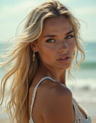 Naklejka premium A blond woman in a swimsuit gazes back while standing near the shoreline. Gentle sea waves lap at her feet under a clear blue sky. Long hair, beautiful young face. Travel and clothing adverts. AI