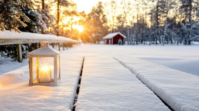 A beautifully decorated Christmas tree gleams beside a lantern on a snowy deck, with a charming cabin and wintry landscape creating a serene atmosphere - Powered by Adobe