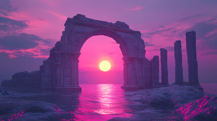 Naklejka premium Abstract fantasy landscape, ancient stone temple, neon sunset. fantasy city on the coast. atlantis, the lost underwater city. 3d illustration. lost city. illustration. Lost Atlantis. Illustration