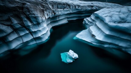 A single iceberg floats in a glacial lagoon, surrounded by towering ice formations.