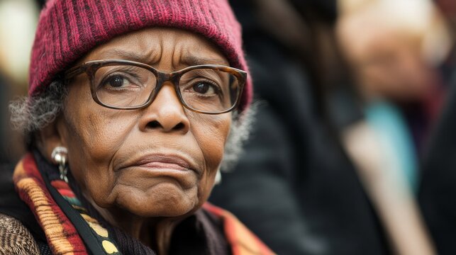 The expression of an elderly activist participating in a civil rights demonstration, Symbolizing lifelong commitment to social justice, close-up photography style