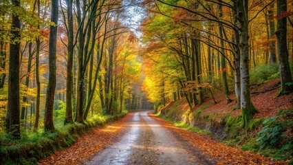 Obraz premium Scenic road through autumn forest on Camino de Santiago, Long Shot