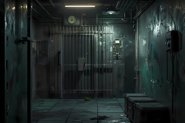 Dark, gritty detention room with a barred door, featuring worn walls and a shadowy atmosphere, evoking a sense of confinement and mystery.