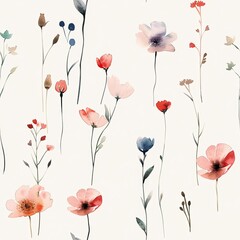 Delicate watercolor floral pattern featuring various colorful flowers on a light background