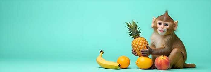 Naklejka premium A playful monkey surrounded by exotic fruits on a turquoise background, a bright and bizarre concept for tropical holidays and happy vibrations.
