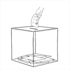 Fototapeta premium Voting paper with red checkmark inserting into transparent ballot box vector hand drawn isolated illustration. Putting the choice sketch. Election day concept for brochure, promotional, poster