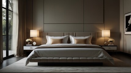 Modern bedroom interior with a large bed, two nightstands with lamps, and a large window overlooking a garden.