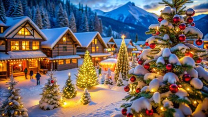 A beautiful snow-covered village nestled in the mountains, with large decorated Christmas trees glowing warmly against the twilight sky. The peaceful winter setting captures the magic of the holiday s