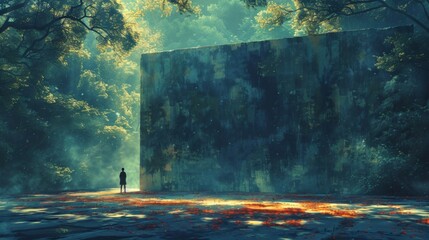 A stark contrast is created between the dull lifeless figure and the vibrant lush forest that can be seen beyond the wall emphasizing the idea of being ped and unable to fully