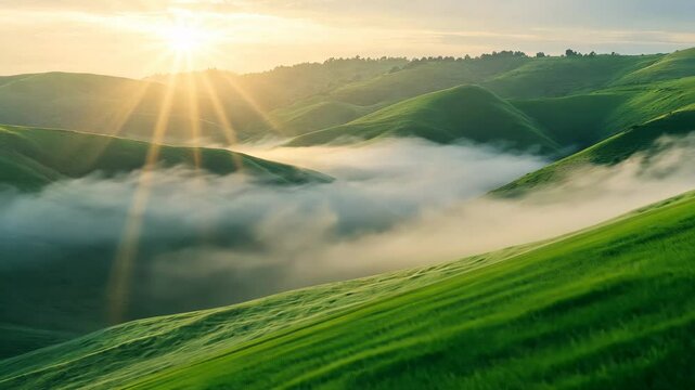 Sunrise over green rolling hills with mist, serene landscape. Nature tranquility and beauty concept