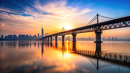 Fototapeta premium Scenic silhouette of Wuhan YingWuzhou Yangtze River Bridge at dusk
