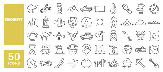 Obraz premium Set of 50 line icons related to desert, sands, cactus, sun, camel, tornado, snake, scorpio, oasis, Editable stroke. Vector illustration