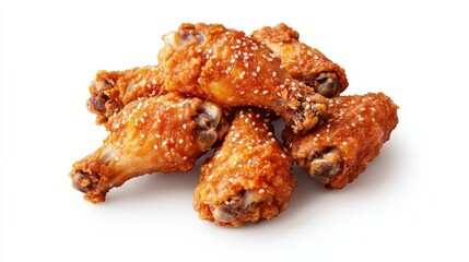 Fried chicken wings with sesame seeds, food element, detailed, crispy golden coating, isolated on white background