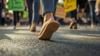The feet of a climate activist marching with placards in a global climate strike, Depicting youth engagement and urgency in environmental activism, close-up photography style