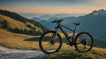 Outdoor sport activity. Mountain bike on the trail om mountain top.