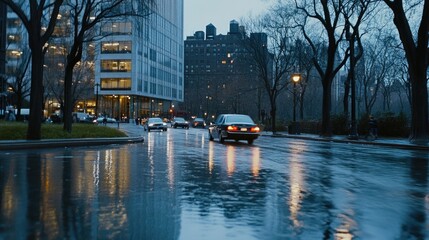 Tall buildings reflect city lights at dusk on a rain-soaked street, where people enjoy outdoor...