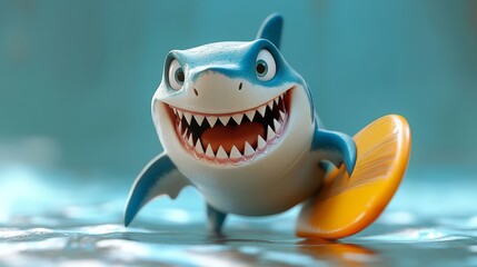 Fototapeta premium 3D cartoon shark with a surfboard, looking excited