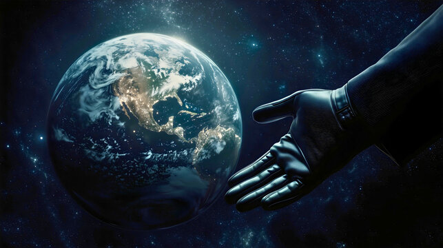 A hand in a black glove holds and controls the Earth, representing a mystical figure in an expensive suit. This hand symbolizes a secret society and a hidden man who exerts influence over the world.