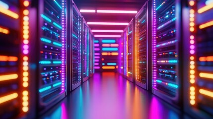 Obraz premium Colorful Server Room with Neon Lights and Data Racks