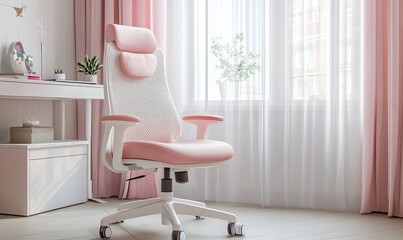 Comfortable children's mesh back chair in white and pink, perfect for study sessions in a cozy and bright room