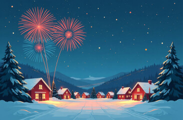Fototapeta premium New Year fireworks, suburb view, Christmas tree and building in the background, starry night