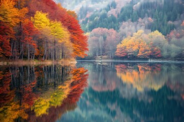 Obraz premium Still autumn lake with colorful foliage reflections
