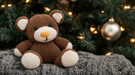 Two adorable handmade animal ornaments with soft features sit on a wooden table beside a beautifully lit Christmas tree adorned with warm, glowing lights.