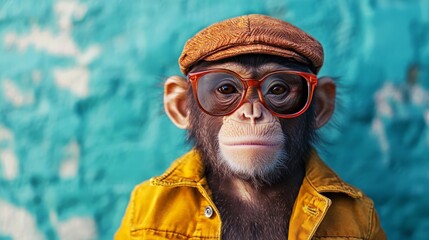 Hipster Monkey in Retro Street Style, Quirky monkey wearing colorful 80s outfit and sunglasses, embodies vintage pop culture, perfect for a humorous greeting card or wallpaper.