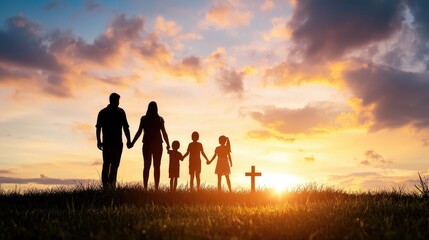 Fototapeta premium Serene Family Silhouette at Sunset by Gravesite