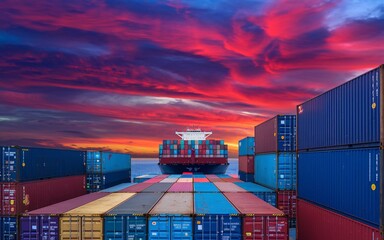 Fototapeta premium Cargo ship, Cargo ship at sunset with colorful containers.