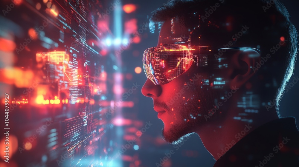 Wall mural innovative it manager engaging with holographic ar interface, analyzing data in a virtual reality en
