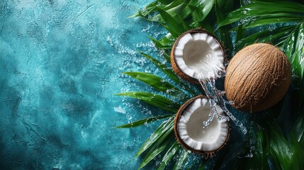 Tropical Coconut Water Explosion on a blurry background with sea and palm trees