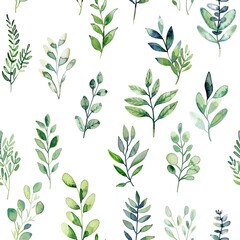 Various green leaves illustrated in a watercolor style creating a vibrant botanical pattern on a white background